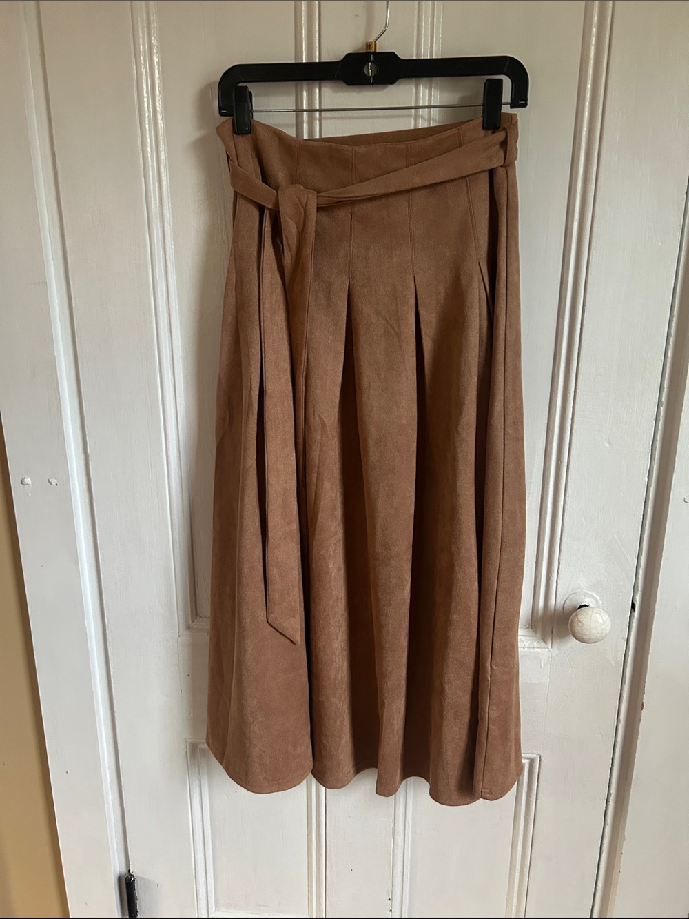 Midi A-Line Pleated Faux Suede Skirt with Tie Belt - Tan